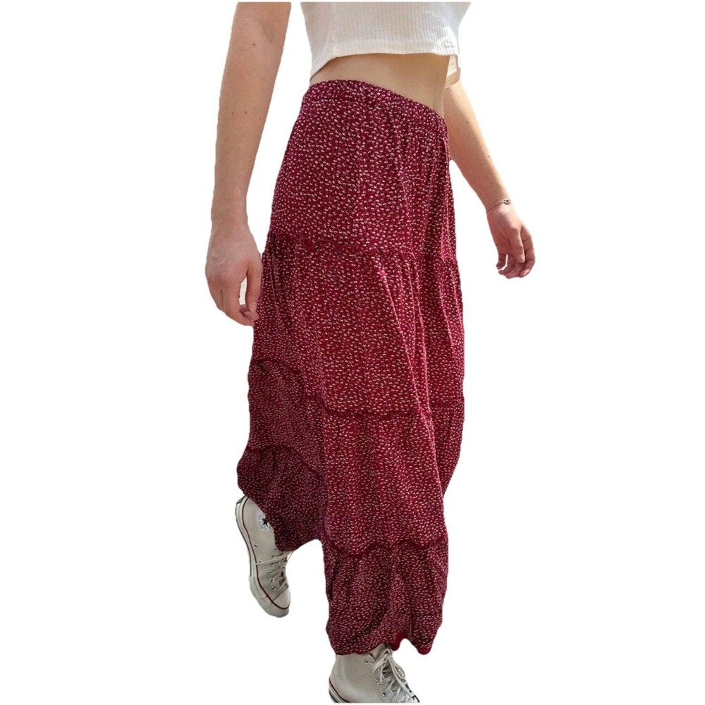 Brandy Melville John Galt Pacsun Red Floral Izzy Tiered Pull On Maxi Skirt Boho